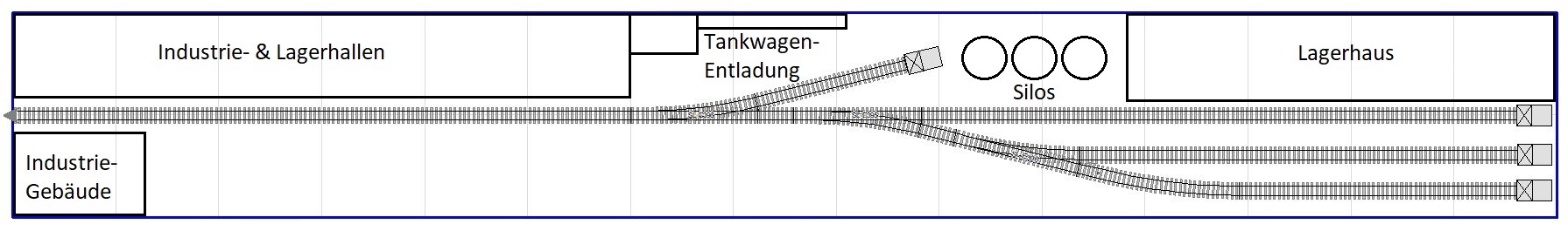 Gleisplan mit mehreren Industriegebäuden wie (Tankwagen-Entladung oder Lagerhäusern) für den Inglenook